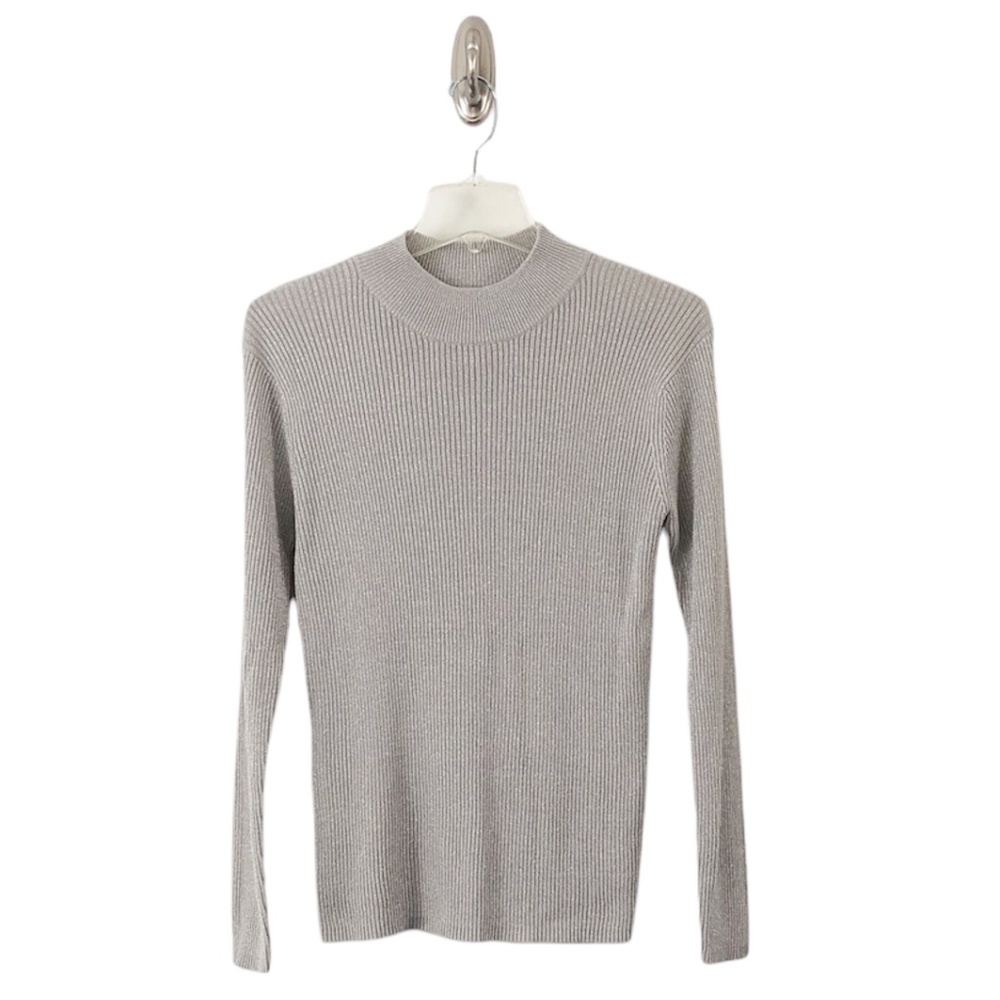Joseph A Women’s Silver Gray Sparkly Stretchy Ribbed Mock Neck Silk Top Size L